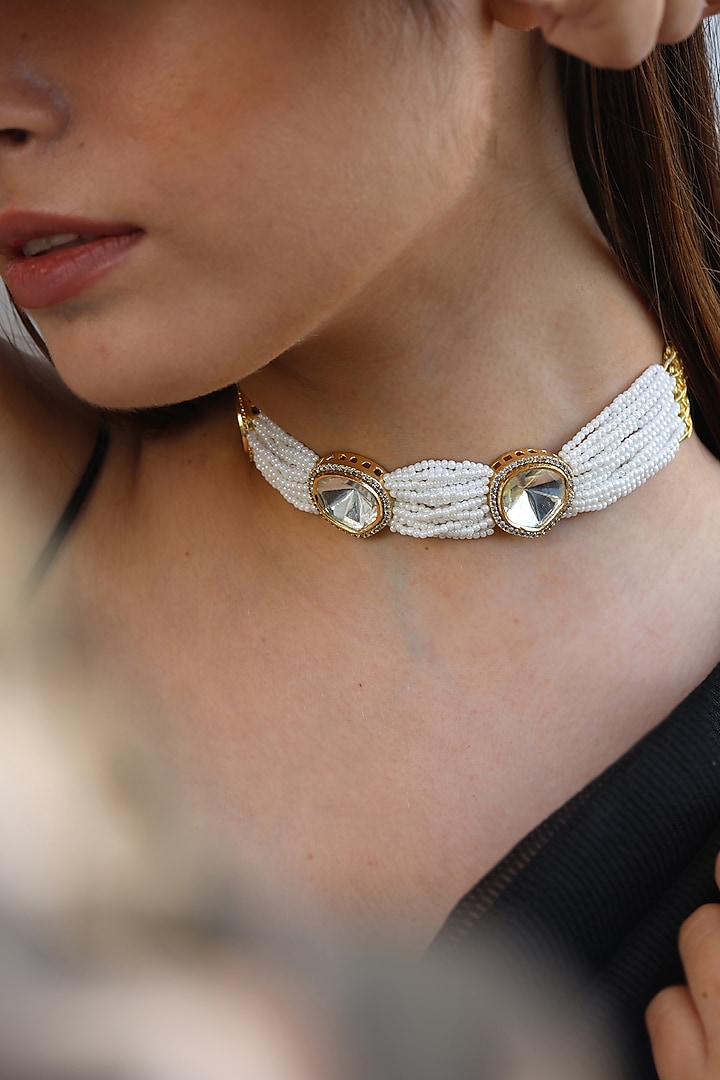 Gold Finish Kundan Polki & Pearl Choker Necklace by Do Taara at Pernia's Pop Up Shop