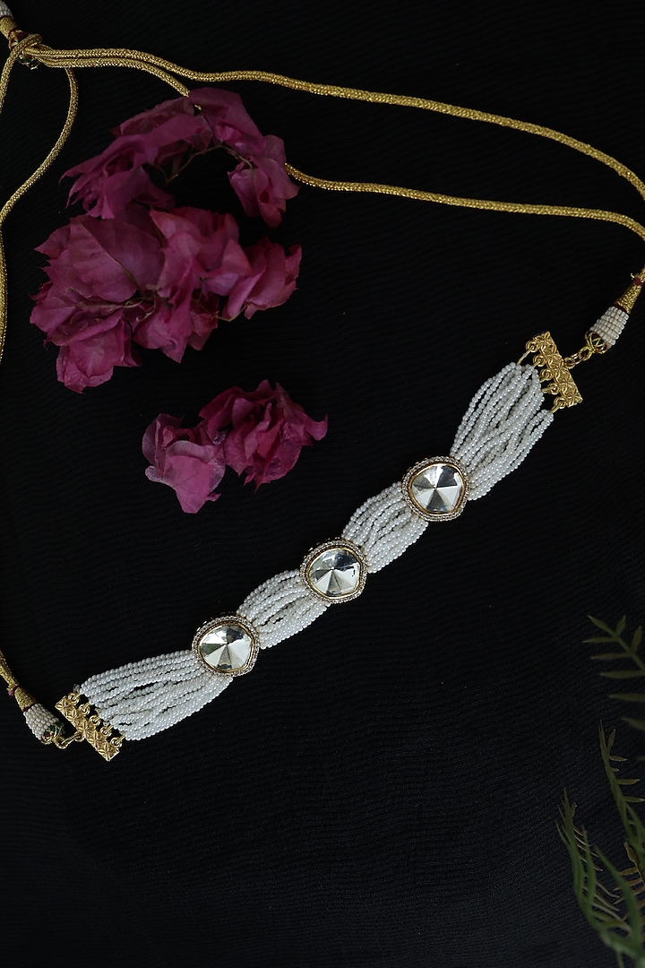 Gold Finish Kundan Polki & Pearl Choker Necklace by Do Taara at Pernia's Pop Up Shop