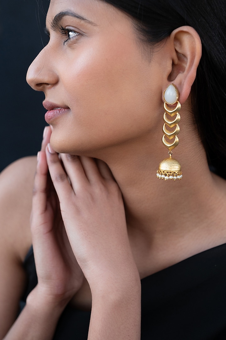 Gold Finish Synthetic Stone Dangler Earrings by Do Taara