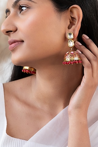 Red Meenakari Jhumka Earrings. by Do Taara