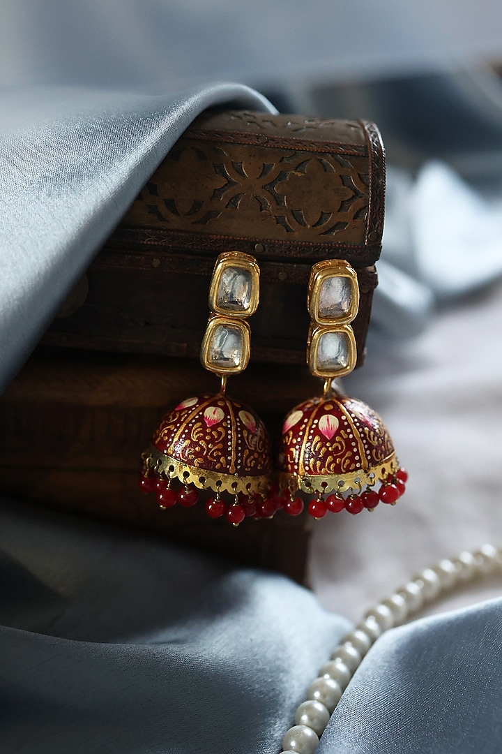 Red Meenakari Jhumka Earrings. by Do Taara at Pernia's Pop Up Shop