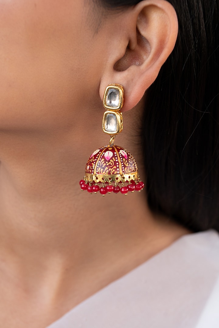 Red Meenakari Jhumka Earrings. by Do Taara at Pernia's Pop Up Shop