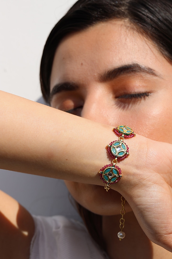Gold Finish Kundan Polki Meenakari Adjustable Bracelet by Do Taara at Pernia's Pop Up Shop