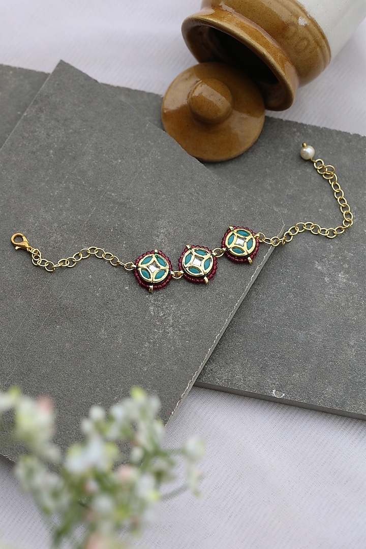 Gold Finish Kundan Polki Meenakari Adjustable Bracelet by Do Taara at Pernia's Pop Up Shop