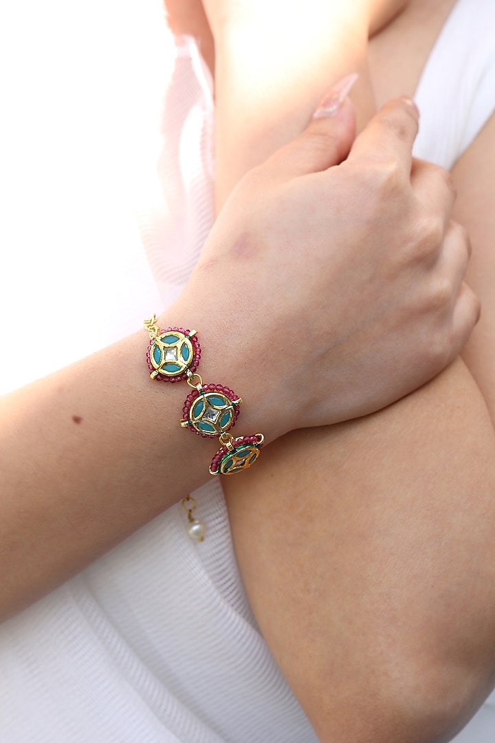 Gold Finish Kundan Polki Meenakari Adjustable Bracelet by Do Taara at Pernia's Pop Up Shop