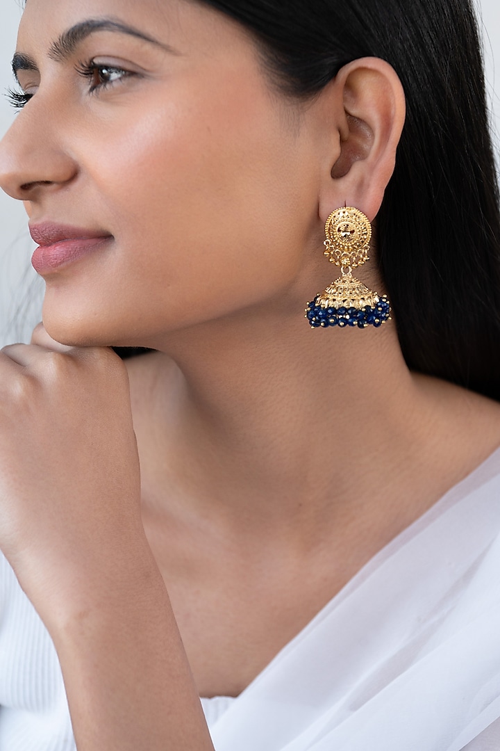 Gold Finish Beaded Jhumka Earrings. by Do Taara