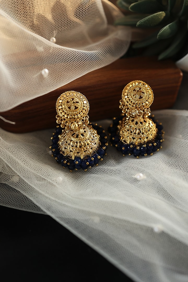 Gold Finish Beaded Jhumka Earrings. by Do Taara at Pernia's Pop Up Shop