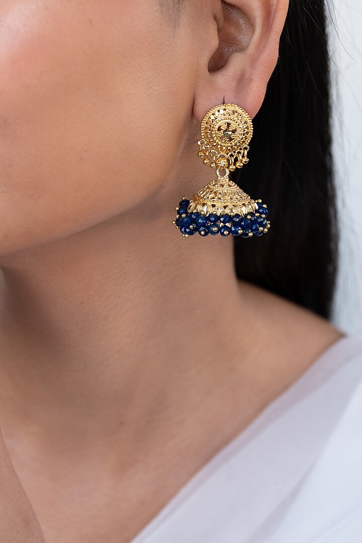 Gold Finish Beaded Jhumka Earrings. by Do Taara at Pernia's Pop Up Shop