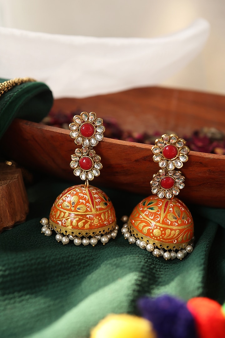 Gold Finish Kundan Polki Jhumka Earrings. by Do Taara at Pernia's Pop Up Shop