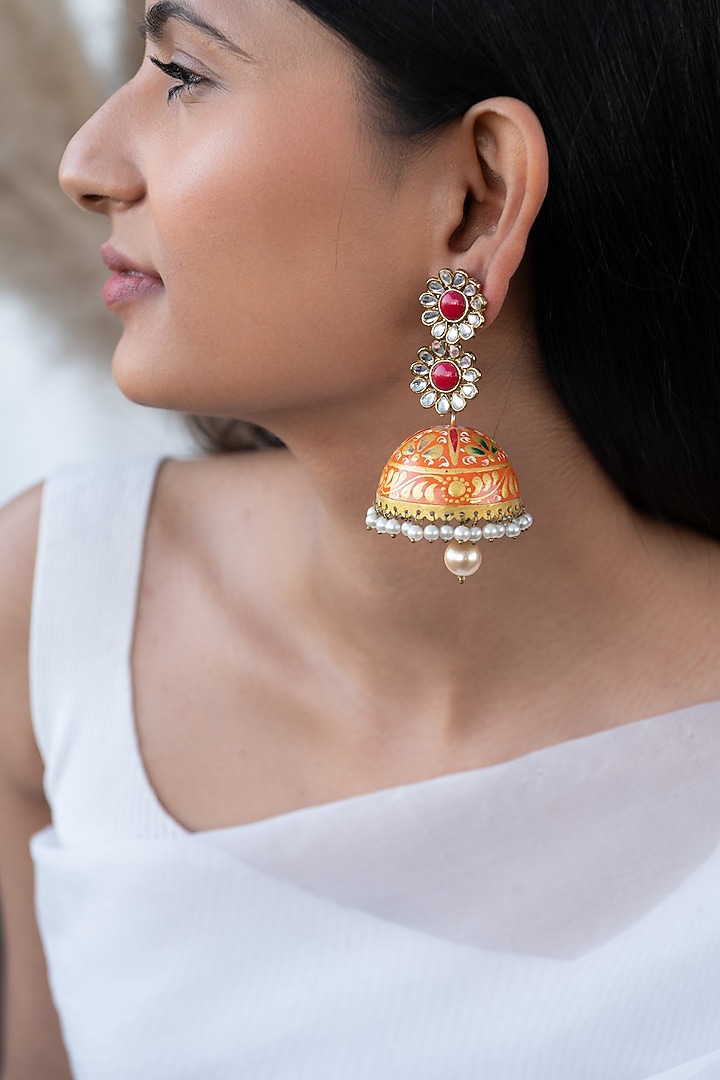 Gold Finish Kundan Polki Jhumka Earrings. by Do Taara at Pernia's Pop Up Shop