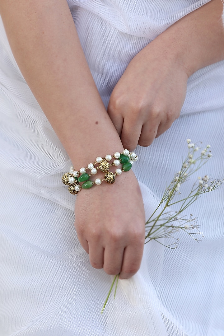 Gold Finish Natural Stone & Pearl Adjustable Bracelet by Do Taara at Pernia's Pop Up Shop
