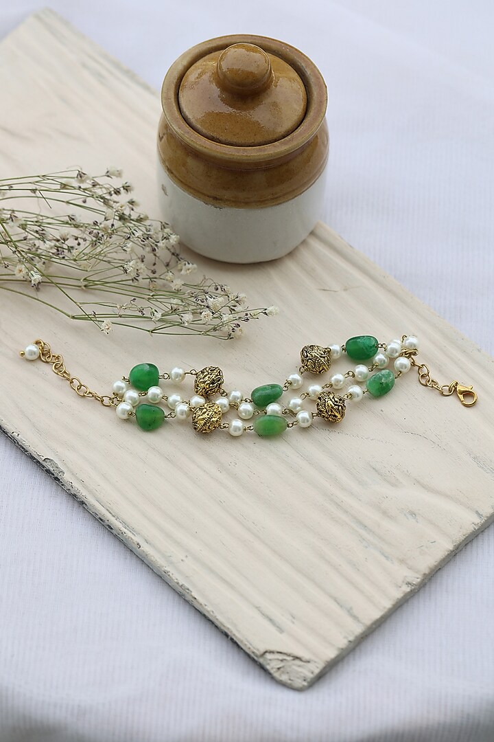Gold Finish Natural Stone & Pearl Adjustable Bracelet by Do Taara at Pernia's Pop Up Shop