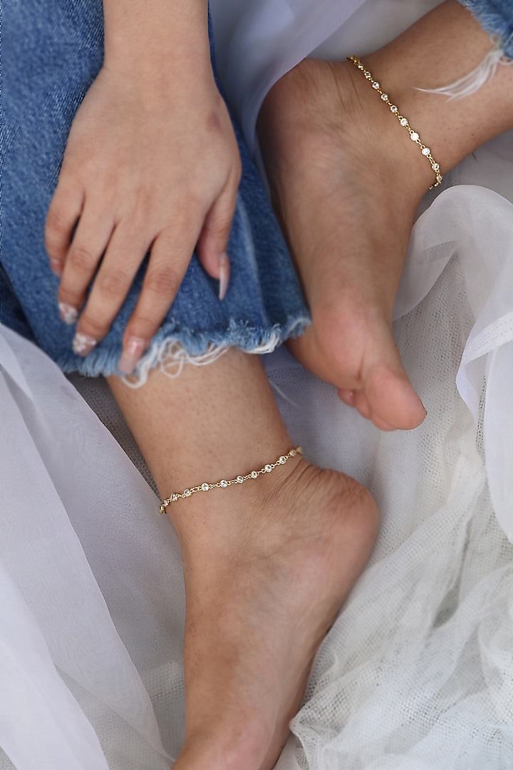 Gold Finish Crystal Adjustable Anklets (Set of 2) by Do Taara