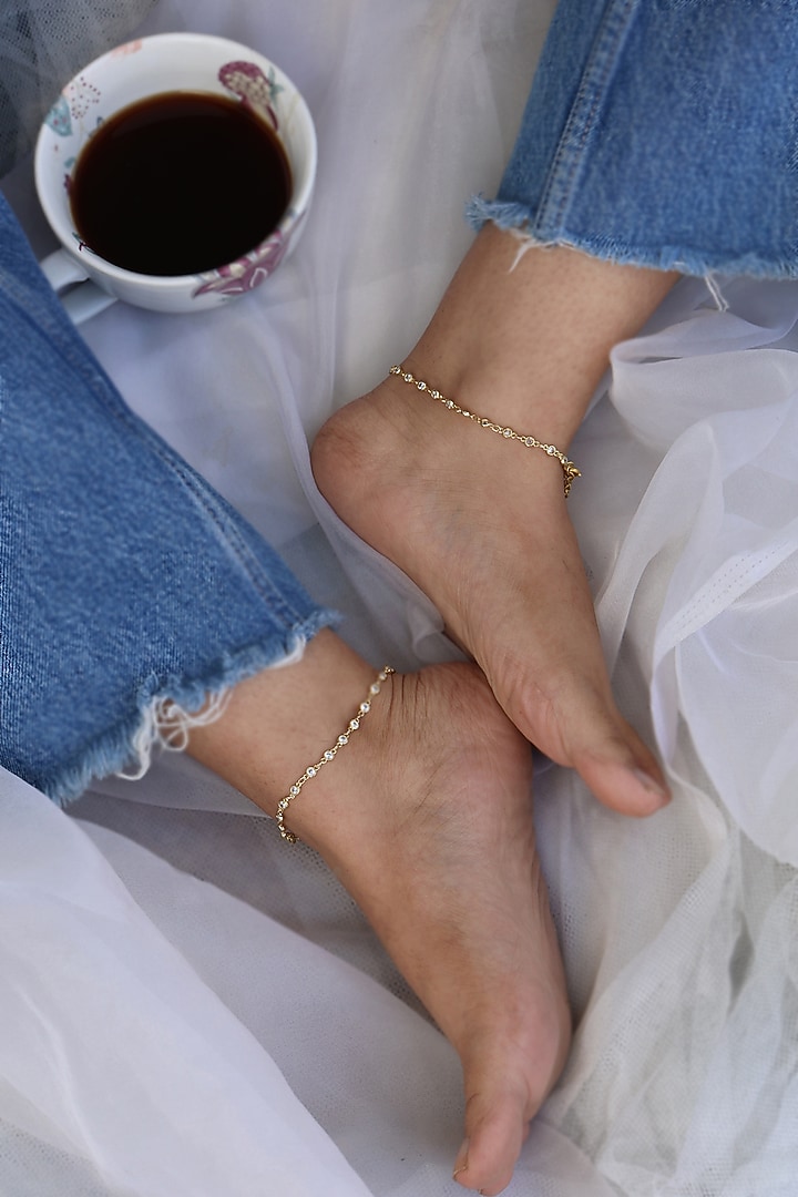 Gold Finish Crystal Adjustable Anklets (Set of 2) by Do Taara at Pernia's Pop Up Shop