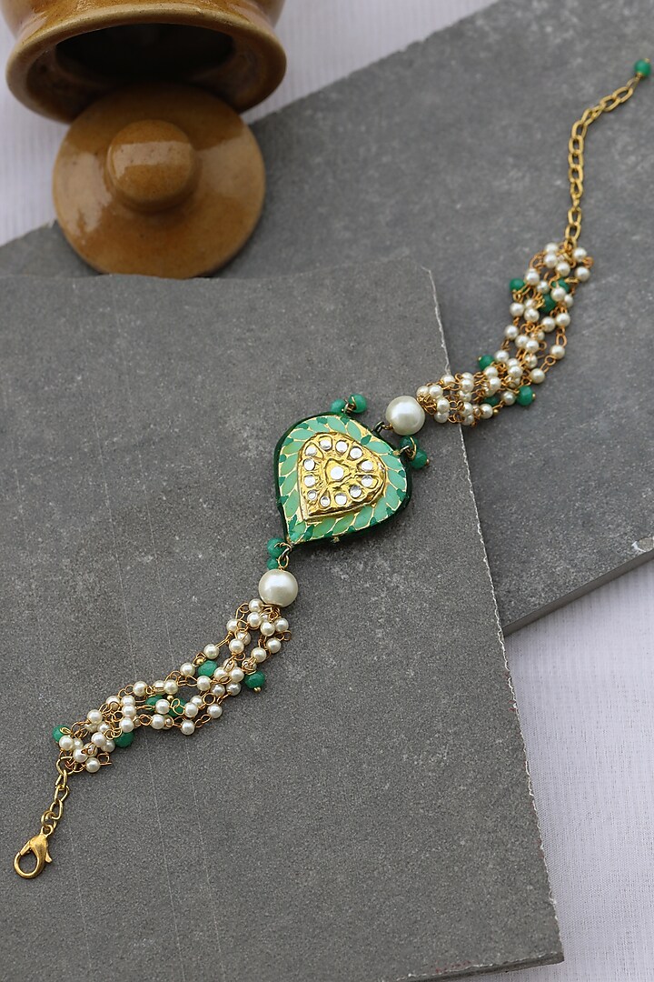 Gold Finish Natural Stone & Pearl Adjustable Bracelet by Do Taara at Pernia's Pop Up Shop