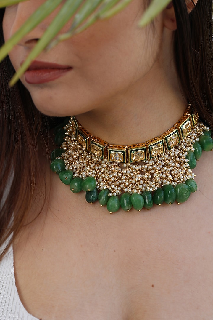 Gold Finish Kundan Polki & Pearl Choker Necklace by Do Taara at Pernia's Pop Up Shop