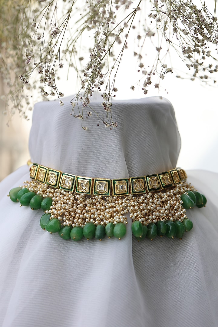 Gold Finish Kundan Polki & Pearl Choker Necklace by Do Taara at Pernia's Pop Up Shop