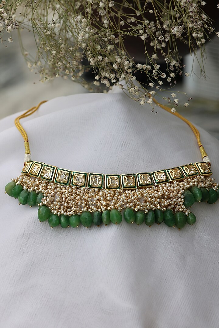 Gold Finish Kundan Polki & Pearl Choker Necklace by Do Taara at Pernia's Pop Up Shop