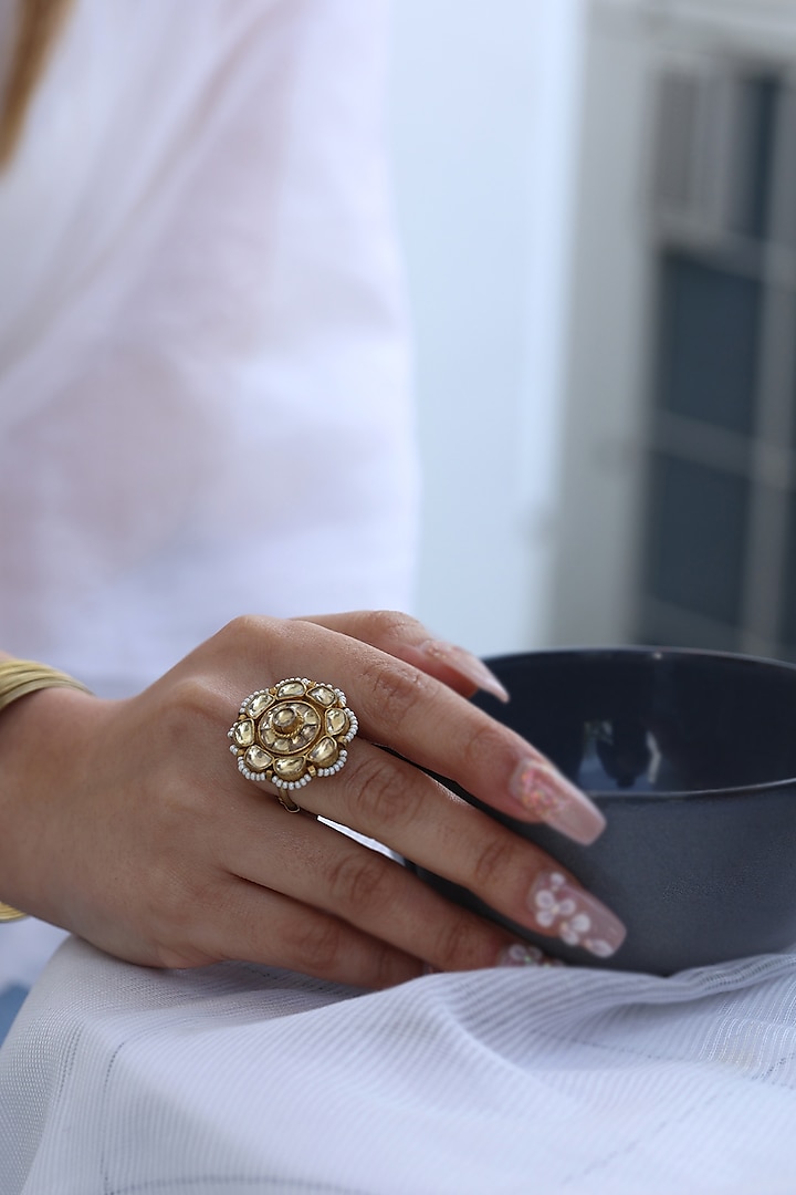 Gold Finish Kundan Polki & Pearl Adjustable Bracelet by Do Taara