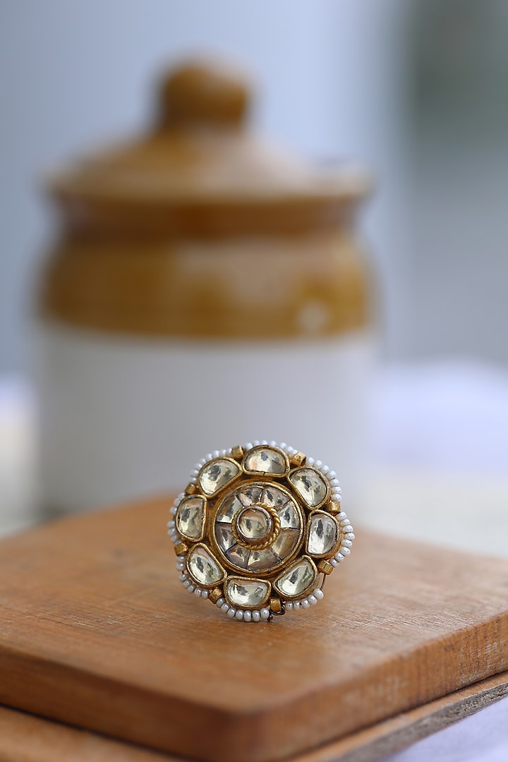 Gold Finish Kundan Polki & Pearl Adjustable Bracelet by Do Taara at Pernia's Pop Up Shop