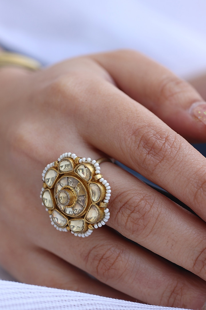 Gold Finish Kundan Polki & Pearl Adjustable Bracelet by Do Taara at Pernia's Pop Up Shop