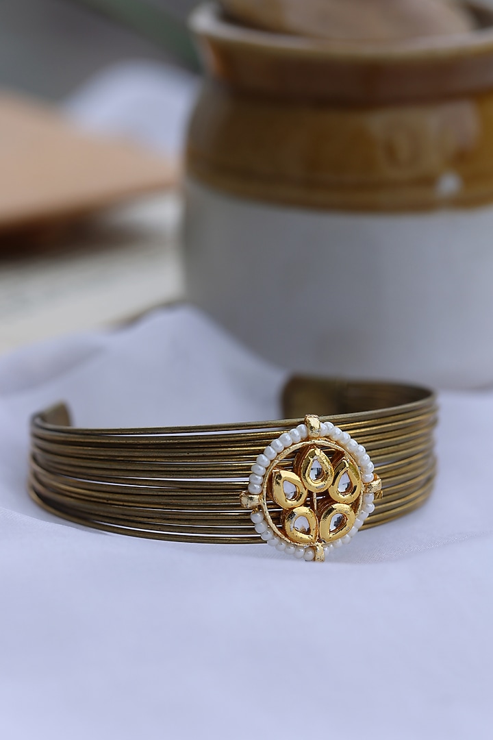Gold Finish Kundan Polki & Pearl Adjustable Bracelet by Do Taara at Pernia's Pop Up Shop