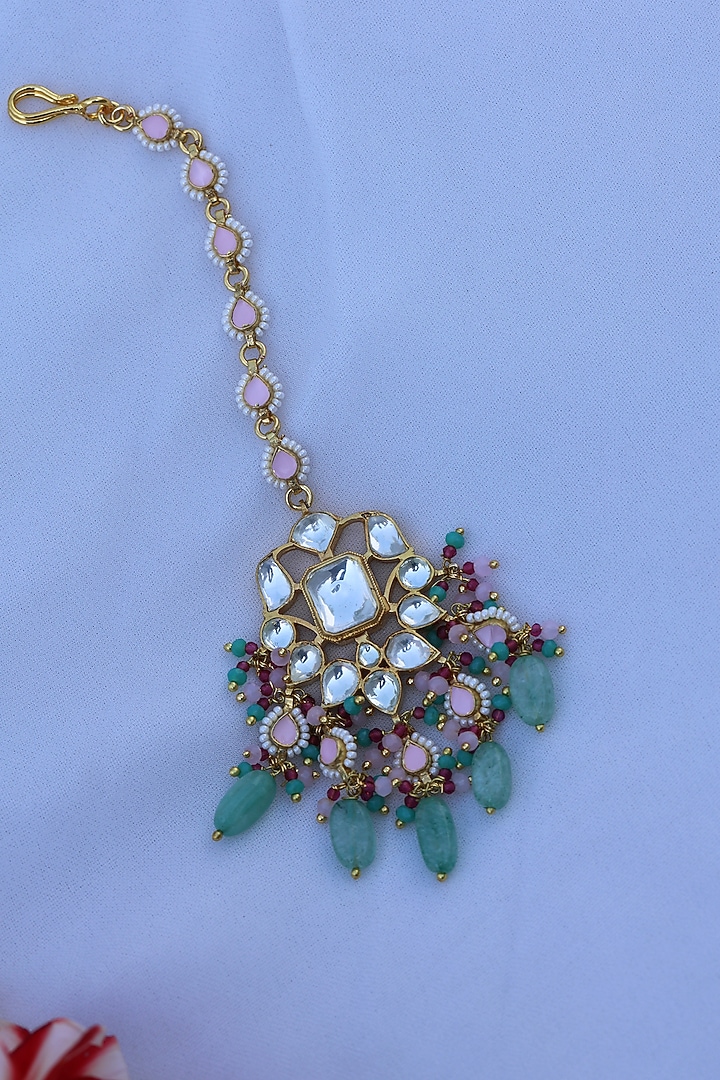 Gold Finish Kundan Polki & Pearl Maangtikka by Do Taara at Pernia's Pop Up Shop