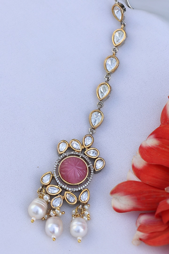 Gold Finish Kundan Polki & Pearl Maangtikka by Do Taara at Pernia's Pop Up Shop