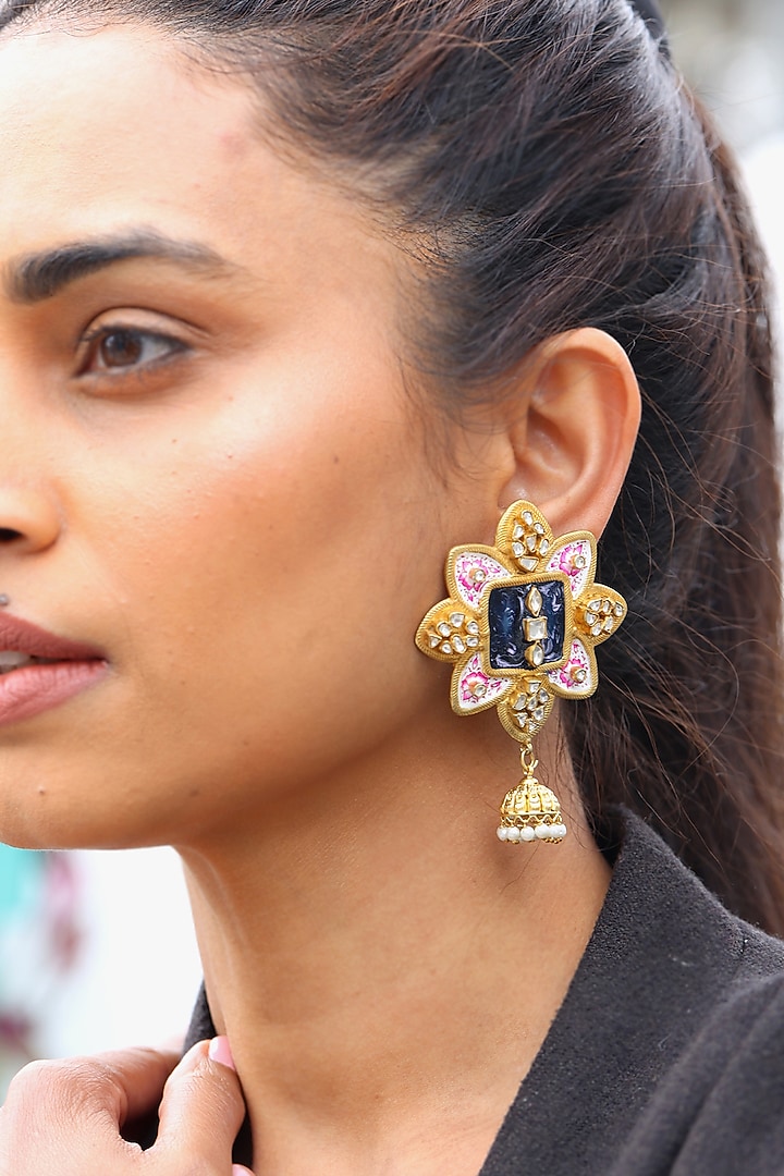 Gold Finish Kundan Polki Hand-Painted Meenakari Dangler Earrings by Do Taara at Pernia's Pop Up Shop