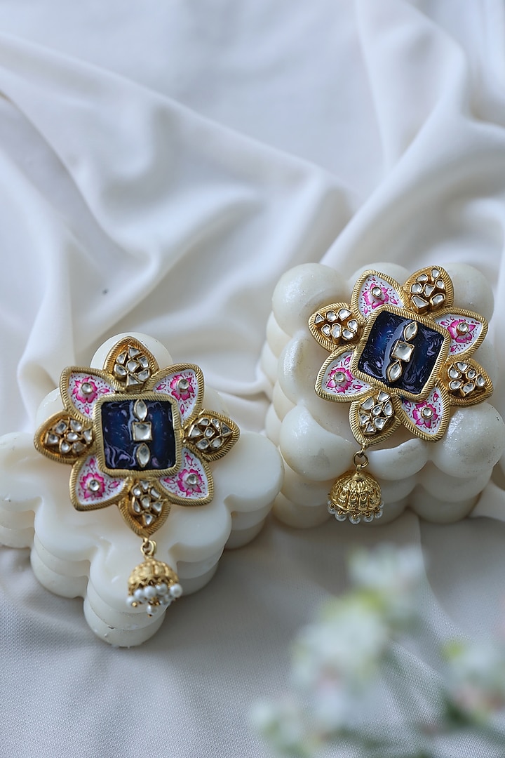 Gold Finish Kundan Polki Hand-Painted Meenakari Dangler Earrings by Do Taara at Pernia's Pop Up Shop