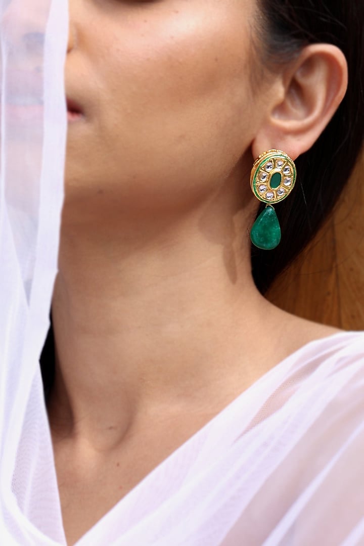 Gold Finish Kundan Polki & Green Natural Stone Dangler Earrings by Do Taara at Pernia's Pop Up Shop