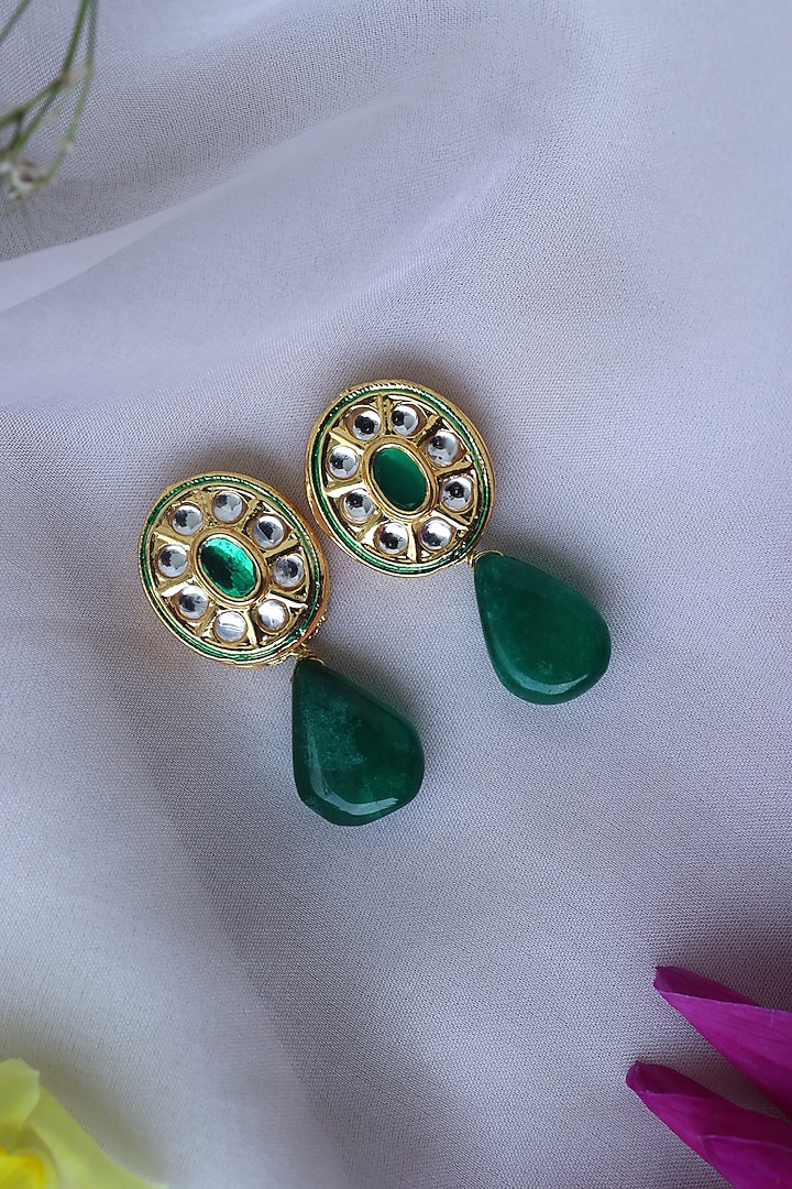 Gold Finish Kundan Polki & Green Natural Stone Dangler Earrings by Do Taara at Pernia's Pop Up Shop