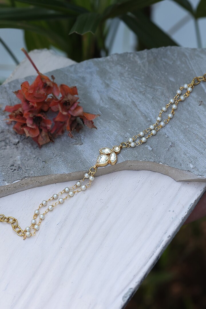 Gold Finish Kundan Polki & Pearl Adjustable Bracelet by Do Taara at Pernia's Pop Up Shop