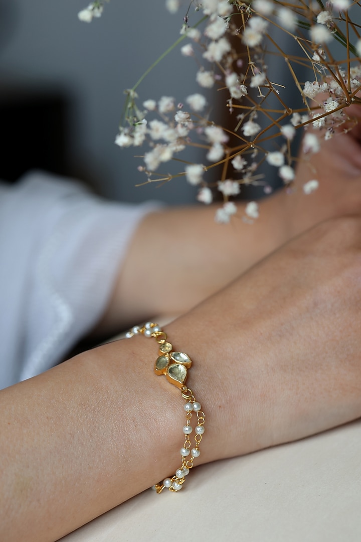 Gold Finish Kundan Polki & Pearl Adjustable Bracelet by Do Taara at Pernia's Pop Up Shop