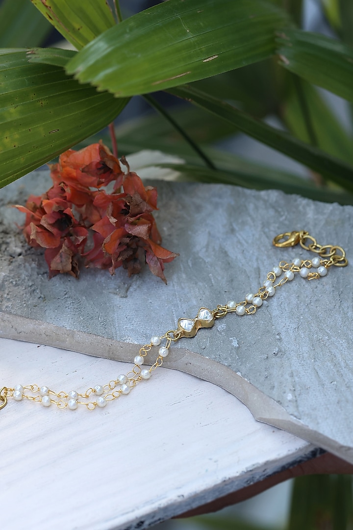 Gold Finish Kundan Polki & Pearl Adjustable Bracelet by Do Taara at Pernia's Pop Up Shop