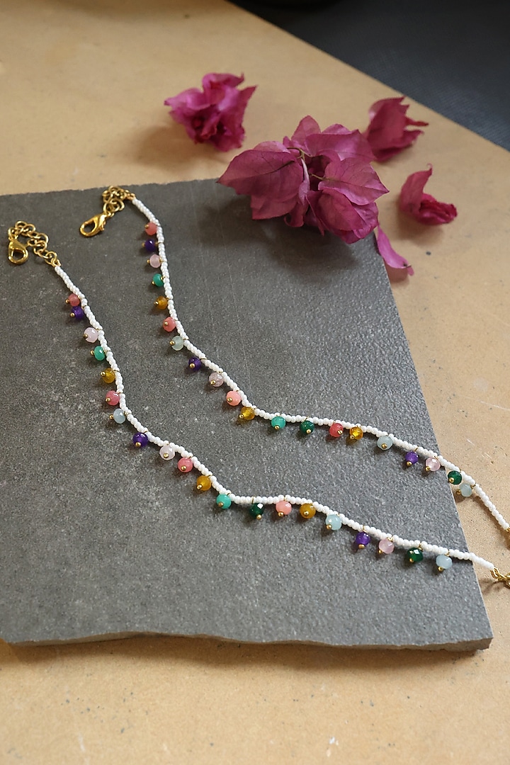 Gold Finish Multi-Colored Natural Stone & Pearl Anklets (Set of 2) by Do Taara at Pernia's Pop Up Shop