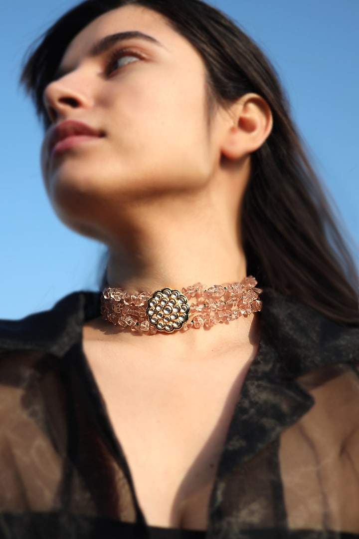 Gold Finish Kundan Polki & Natural Stone Choker Necklace by Do Taara at Pernia's Pop Up Shop