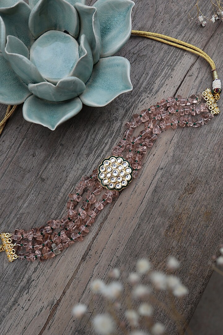 Gold Finish Kundan Polki & Natural Stone Choker Necklace by Do Taara at Pernia's Pop Up Shop