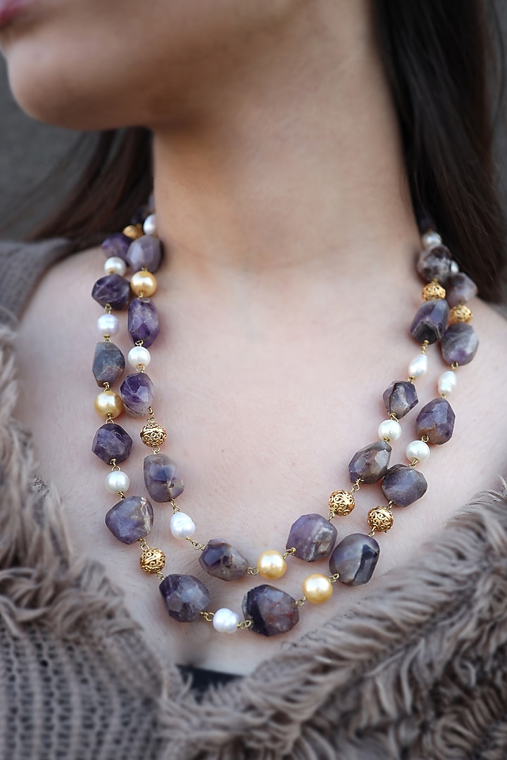 Gold Finish Amethyst Stone & Shell Pearl Necklace by Do Taara at Pernia's Pop Up Shop