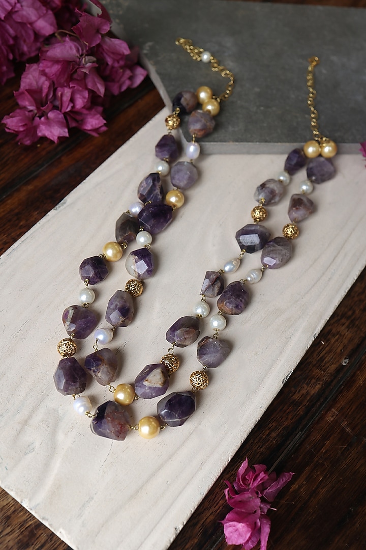 Gold Finish Amethyst Stone & Shell Pearl Necklace by Do Taara at Pernia's Pop Up Shop