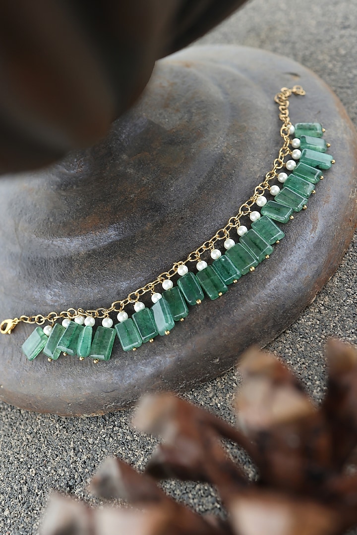 Gold Finish Green Agate Stone & Shell Pearl Adjustable Bracelet by Do Taara at Pernia's Pop Up Shop