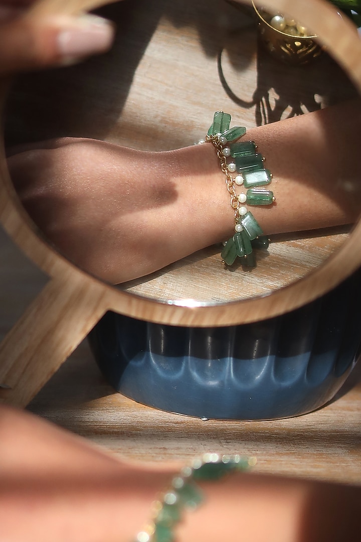 Gold Finish Green Agate Stone & Shell Pearl Adjustable Bracelet by Do Taara at Pernia's Pop Up Shop