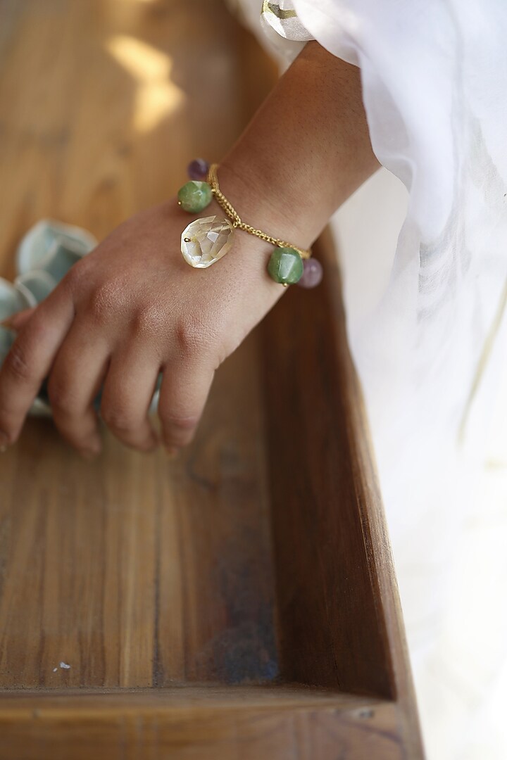 Gold Finish Amethyst & Green Agate Adjustable Bracelet by Do Taara at Pernia's Pop Up Shop