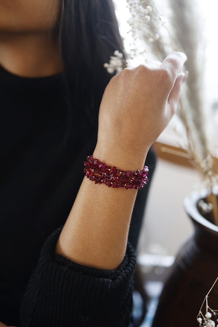 Gold Finish Pink Natural Stone Adjustable Bracelet by Do Taara