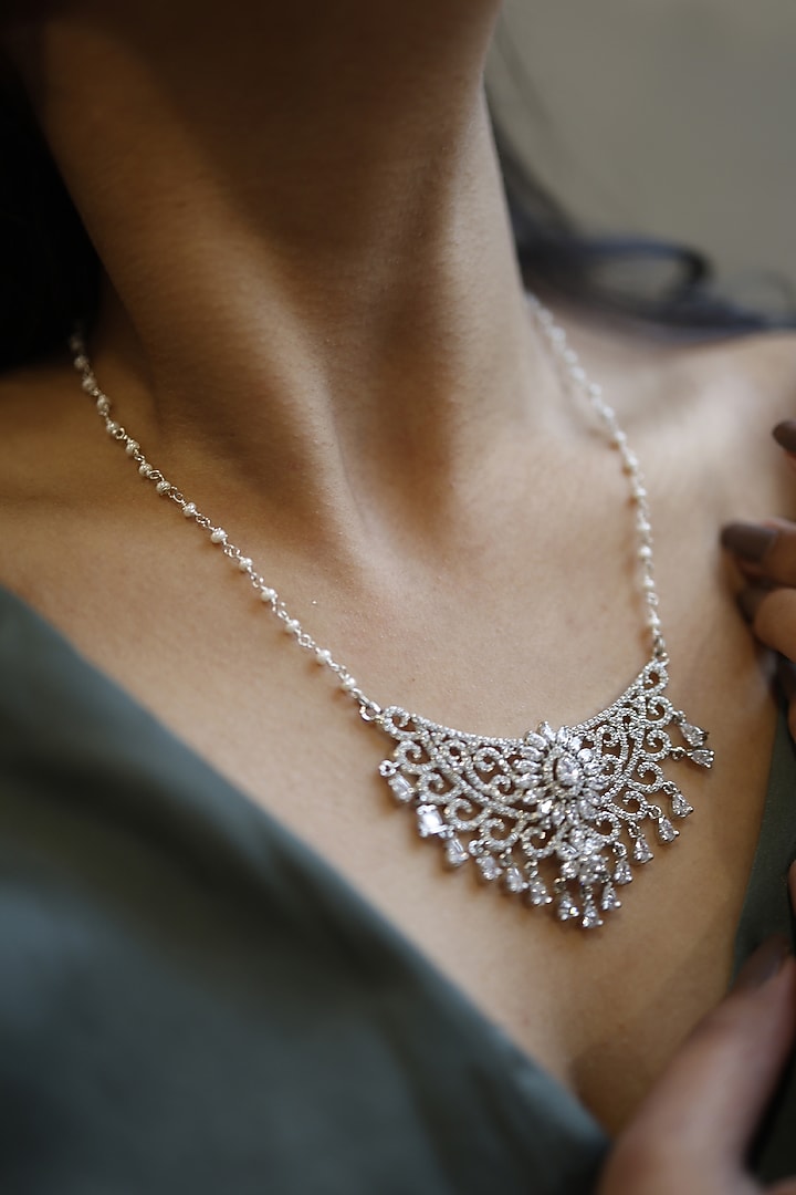 White Rhodium Finish Faux Diamond & Pearl Necklace by Do Taara at Pernia's Pop Up Shop