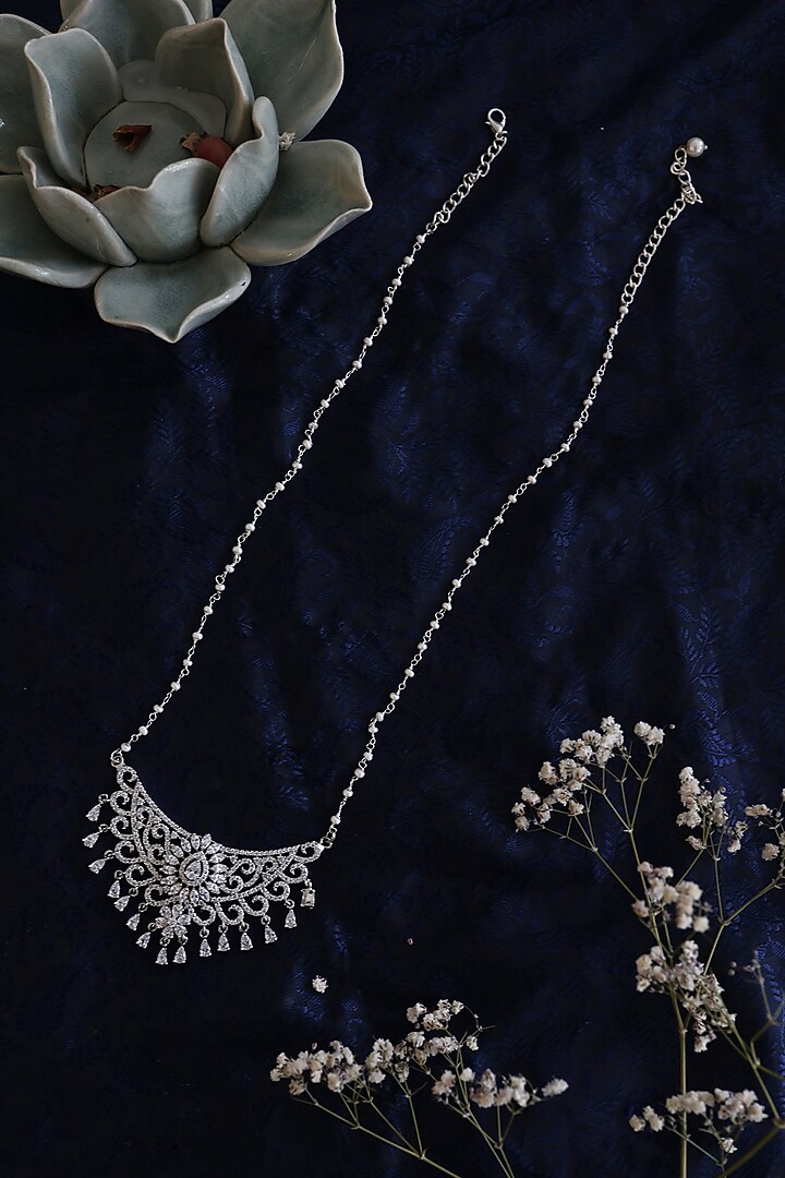 White Rhodium Finish Faux Diamond & Pearl Necklace by Do Taara at Pernia's Pop Up Shop