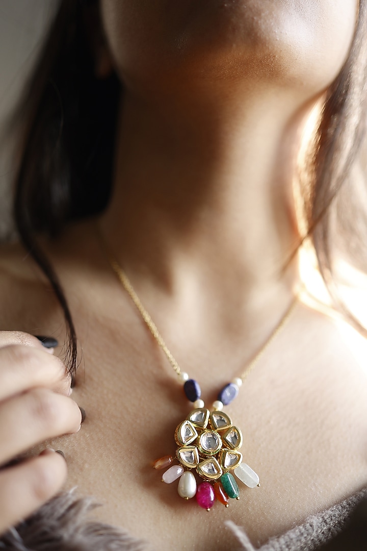 Gold Finish Multi-Colored Natural Stone & Kundan Polki Necklace by Do Taara at Pernia's Pop Up Shop