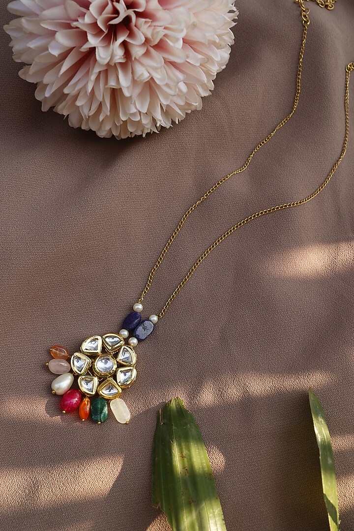 Gold Finish Multi-Colored Natural Stone & Kundan Polki Necklace by Do Taara at Pernia's Pop Up Shop