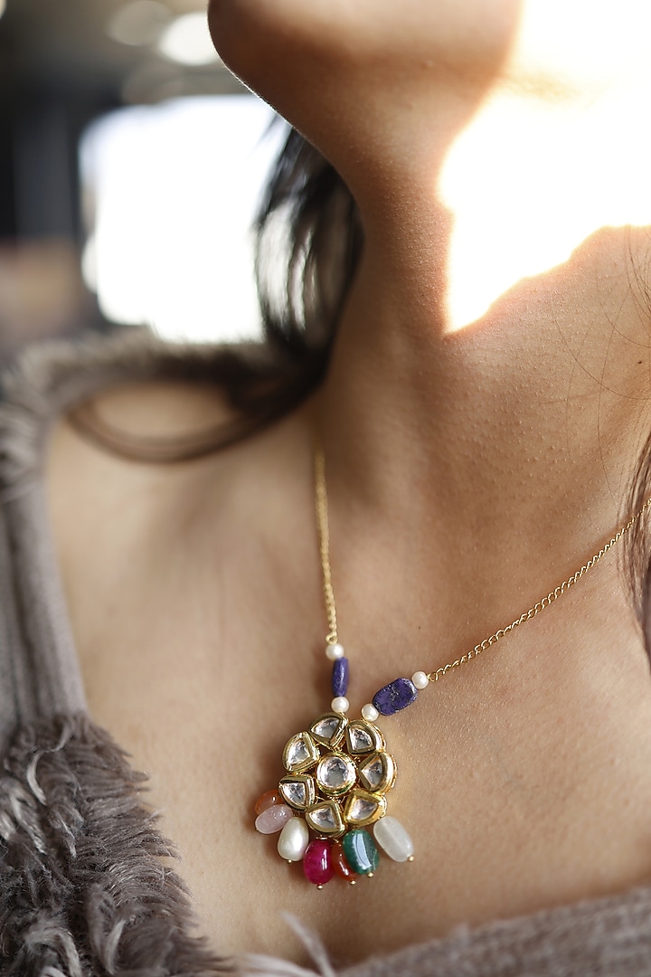 Gold Finish Multi-Colored Natural Stone & Kundan Polki Necklace by Do Taara at Pernia's Pop Up Shop