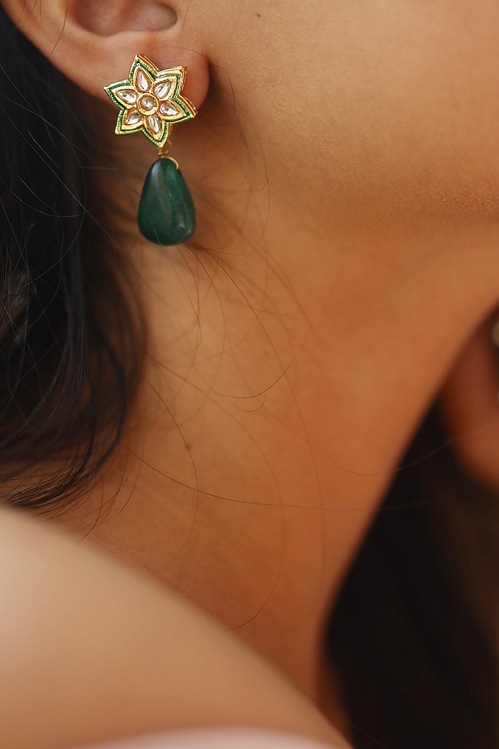 Gold Finish Kundan Polki & Jade Stone Dangler Earrings by Do Taara at Pernia's Pop Up Shop